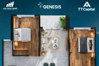 Phòng khách căn hộ TT Genesis với cửa kính lớn view trực diện ra thành phố
