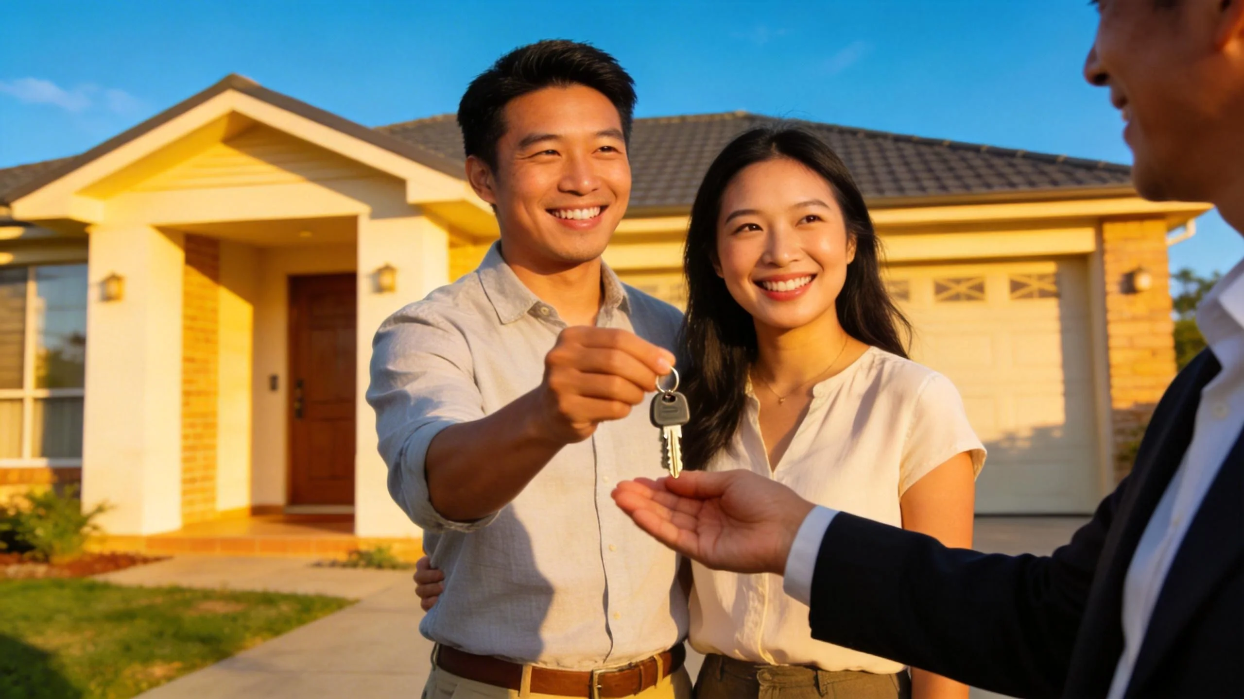 Cặp đôi trẻ hạnh phúc nhận chìa khóa căn hộ mới