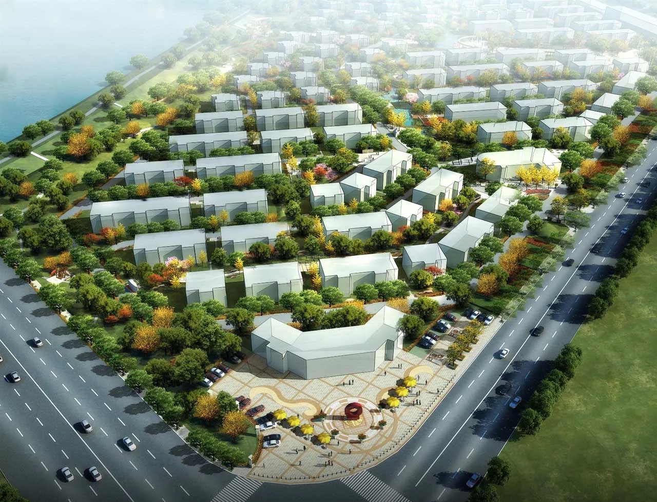 Phối cảnh khu đô thị xanh với công viên, trường học và không gian sinh hoạt cộng đồng