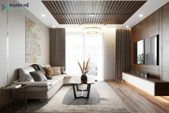 Phòng khách với sofa góc và bàn trà, nội thất sang trọng