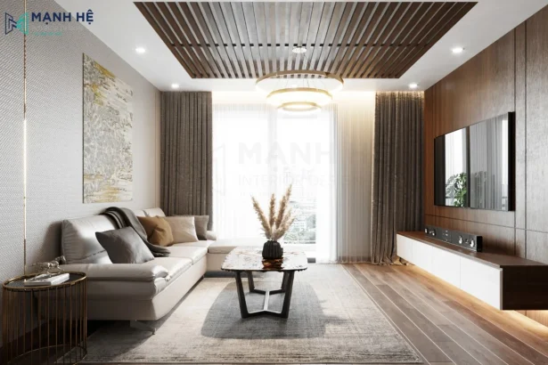 Phòng khách với sofa góc và bàn trà, nội thất sang trọng