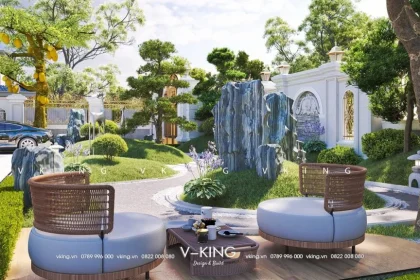 Phối cảnh một căn biệt thự lớn có sân vườn và khoảng lùi rộng