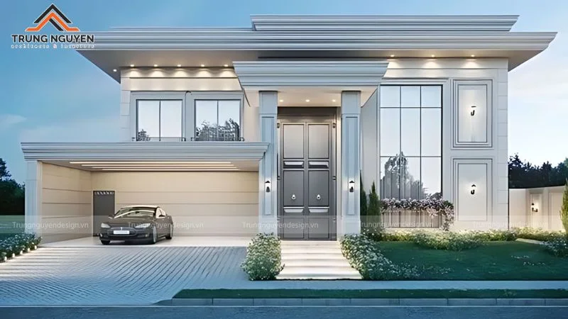 Hầm đỗ xe ngầm của biệt thự ven biển với lối dốc xuống