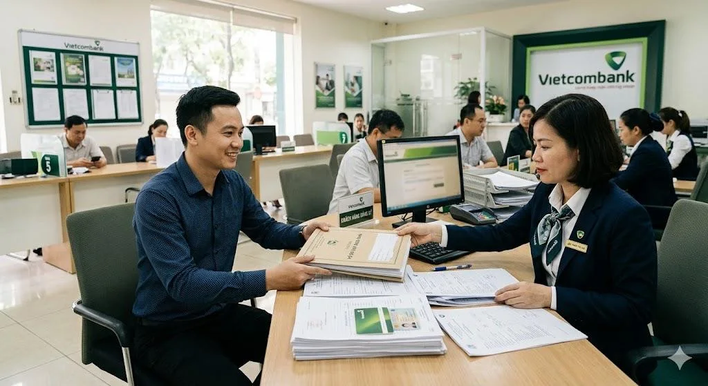 Khách hàng tìm hiểu gói tín dụng ưu đãi lãi suất tại quầy tư vấn ngân hàng trong sự kiện