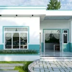 Mặt tiền nhà biển sơn trắng kết hợp xanh lam ngọc đón nắng sớm