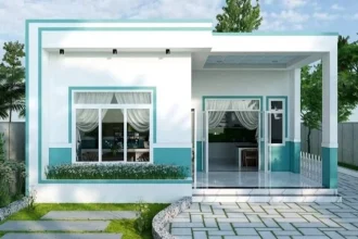 Mặt tiền nhà biển sơn trắng kết hợp xanh lam ngọc đón nắng sớm
