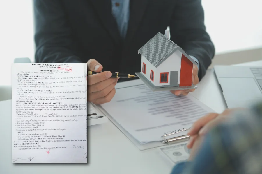 Nhà đầu tư bất động sản đọc hợp đồng mua bán và bảng tính dòng tiền