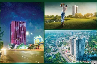 Phối cảnh căn hộ nhìn ra sân golf với mảng xanh và hồ nước