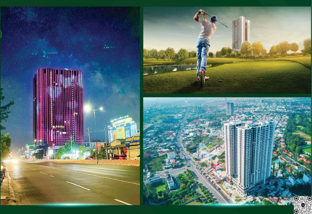 Phối cảnh căn hộ nhìn ra sân golf với mảng xanh và hồ nước