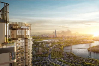 Phối cảnh dải công viên ven sông tại dự án Vlasta với mảng xanh và đường dạo bộ