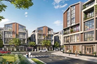 Phối cảnh cụm căn liền kề SX hướng ra vịnh biển với các dãy nhà bố trí lệch góc