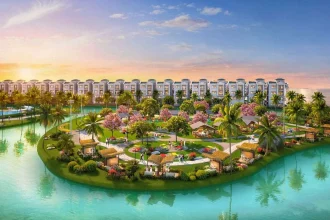 Phối cảnh tổng thể đại đô thị Vinhomes với hệ thống tiện ích biển hồ và cảnh quan