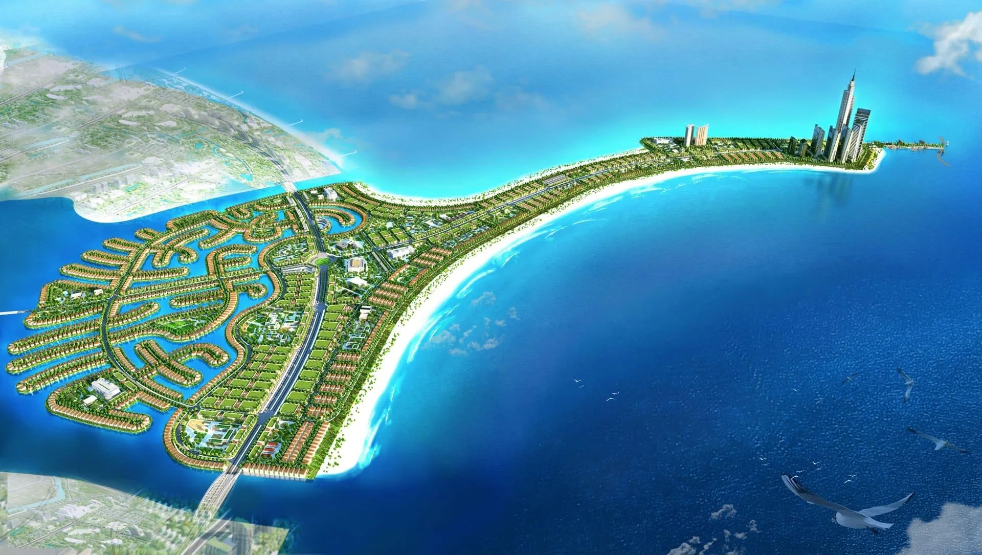 Phối cảnh tổng thể đô thị lấn biển Vinhomes Cần Giờ với hệ thống mặt nước và cây xanh bao quanh