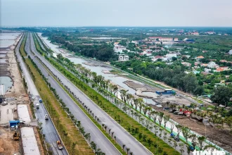 Phối cảnh đô thị mới Cần Giờ với các dãy nhà và hạ tầng giao thông