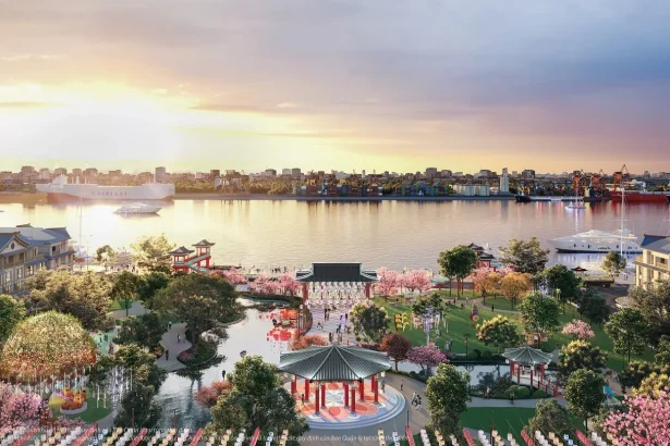Phối cảnh shophouse ven hồ Paradise Lagoon với dãy nhà hàng hướng mặt nước