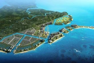Phối cảnh tổng thể khu căn hộ biển Vinhomes Cần Giờ nhìn ra vịnh biển