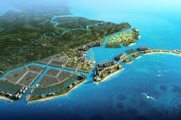 Phối cảnh tổng thể khu căn hộ biển Vinhomes Cần Giờ nhìn ra vịnh biển