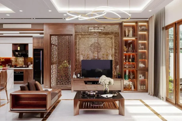Phòng khách căn hộ Vlasta Premier với nội thất gỗ sáng màu và sofa đa năng