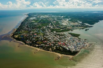 Toàn cảnh bán đảo Cần Giờ nhìn từ trên cao với rừng ngập mặn và đường bờ biển